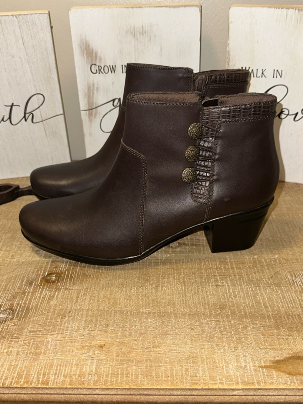 Clarks Dark Brown Leather Ankle Booties with Decorative Side Buttons